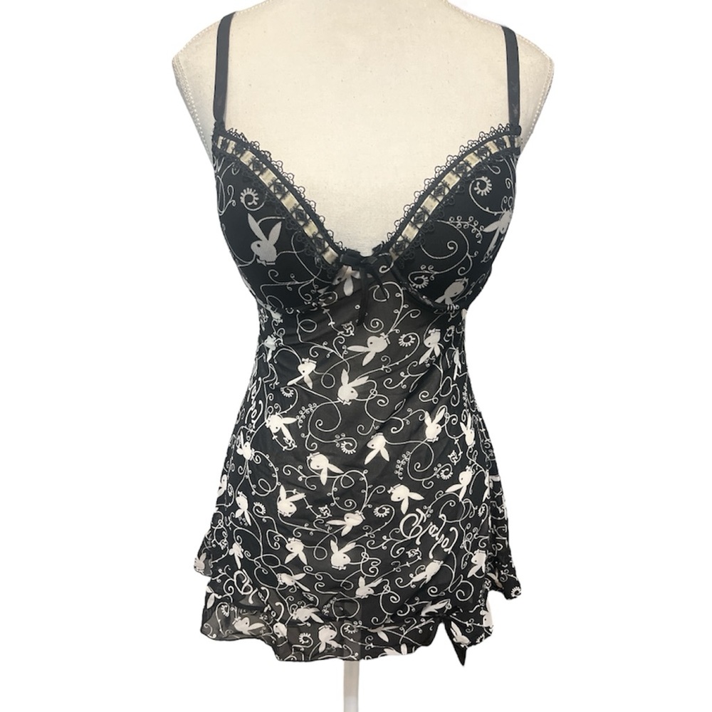 Black and white translucent Playboy Bunny lace trim cami with lace bows